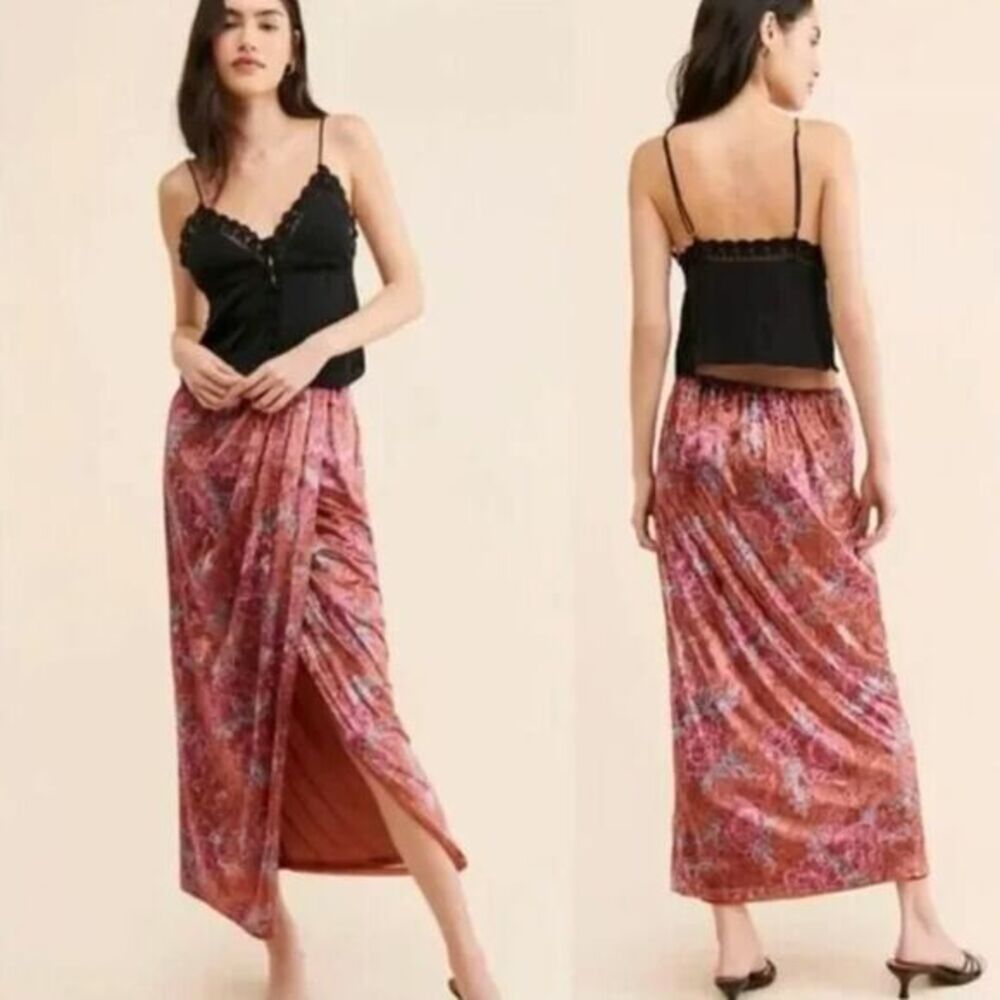 New! Free People Poets Velvet‎ Sarong Skirt in Rust Combo, XS